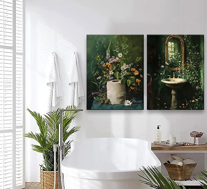 3Pcs Framed Vintage Dark Green Bathroom Wall Art Shower Toilet Paper Roll Floral Poster Print Modern Farmhouse plants Painting Picture Wall Decor For Bathroom Living Room Decoration-CasaMuseHome