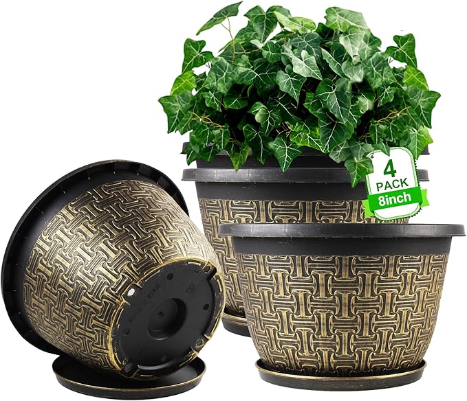 8 Inch Plant Pots, 4 Pack Flower Pot Outdoor with Drainage Holes & Trays, Retro Antique Imitation Decorative Garden Plastic Planters Pots for Plants Indoor Sets for Houseplants-CasaMuseHome