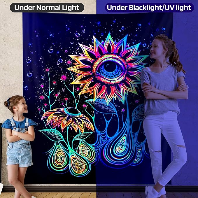 ADDWel Blacklight Sunflower Tapestry, Hippie Eye Tapestry Glow In The Dark, UV Reactive Black Light Upright Posters Wall Hanging for Bedroom Dorm Living Room Backdrop Decor-CasaMuseHome
