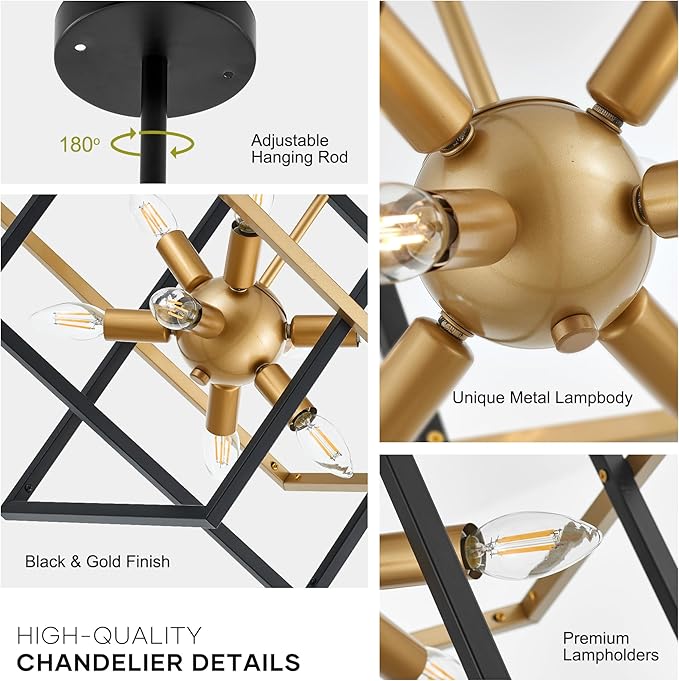 15.8'' Black Gold 8-Light Sputnik Chandelier Modern Industrial Adjustable Hanging Geometric Pendant Light Fixture for Entryway Foyer Stairway Hallway Bedroom Living Room Kitchen Island-CasaMuseHome