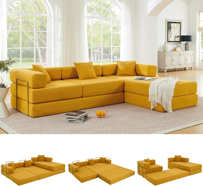 108" Oversized Convertible Sleeper Sofa Bed, Corduroy L Shape Sectional Couch, Folding Sofa Bed with Side Pocket, Modern Cloud Floor Mattress Couch, Modular Sofa for Living Room, Yellow-CasaMuseHome