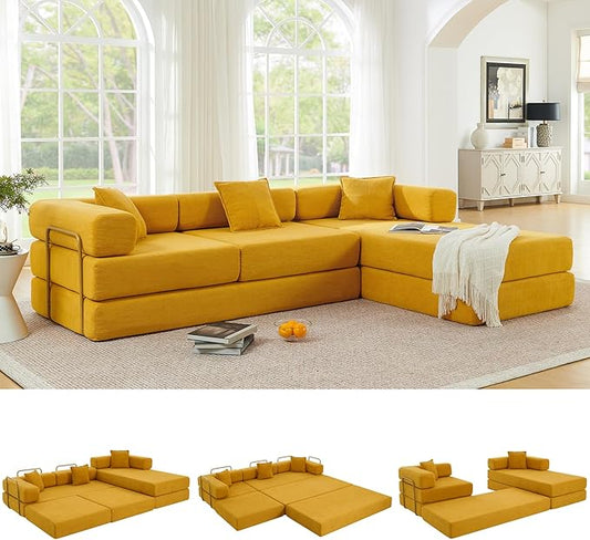 108" Oversized Convertible Sleeper Sofa Bed, Corduroy L Shape Sectional Couch, Folding Sofa Bed with Side Pocket, Modern Cloud Floor Mattress Couch, Modular Sofa for Living Room, Yellow-CasaMuseHome