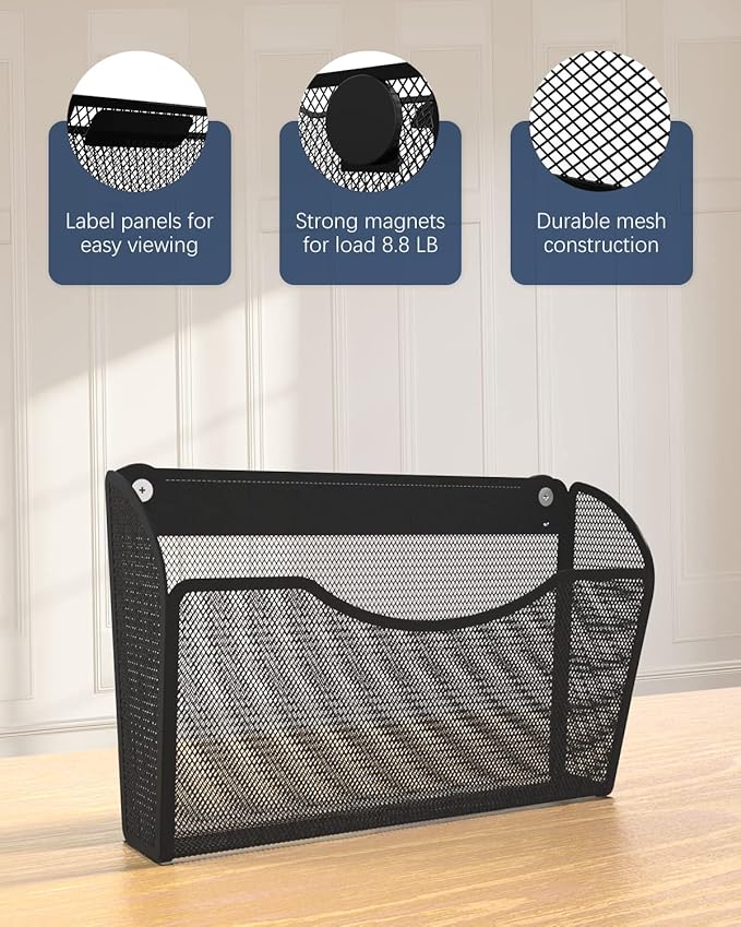 2 Pack 1-Tier Magnetic File Holder - No Drilling Installation File Organizer, Large Capacity Magnetic File Holder for Refrigerator, File Cabinets, Whiteboard, Office, Kitchen-CasaMuseHome