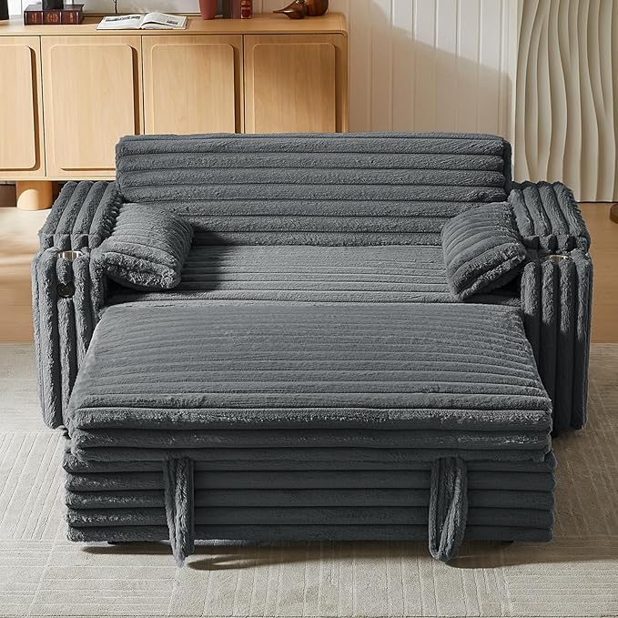 68.11" Corduroy Convertible Sofa Bed with USB Charging Port, Foldable Sleeper Chair with Pillows & Armrests, 3-in-1 Floor Couch for Living Room, Bedroom, Guest Room – Dark Gray-CasaMuseHome