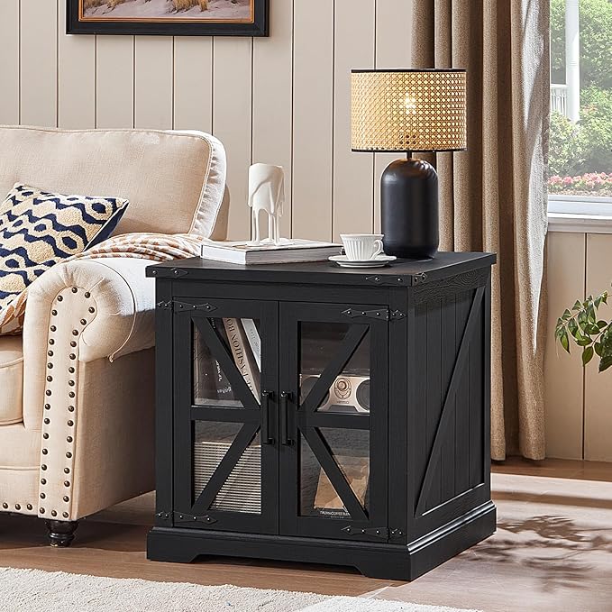 24" End Table Set of 2 with Charging Station, Farmhouse Night Stand with Glass Barn Door, Nightstands with Adjustable Storage Shelf, Large Wood Square Bed Side Table for Living Room,Bedroom-CasaMuseHome