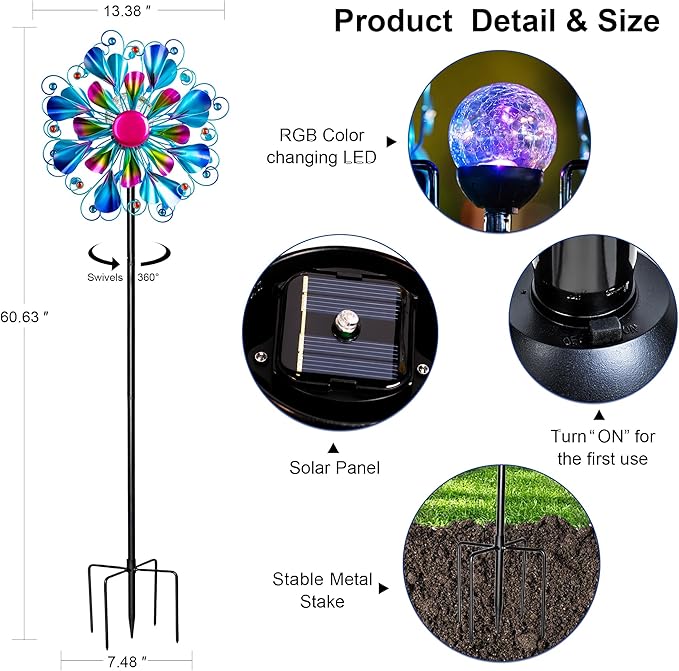 60'' Wind Spinner with Color Glass Ball Solar Lights, Blue Peacock Feathers Metal Garden Outdoor Decor Yard Lawn Art Decor for Patio Kinetic Windmills Unique Gifts for Friends and Family-CasaMuseHome
