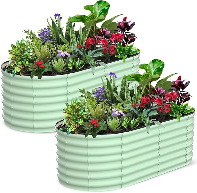 2 Pcs 6x3x2ft Oval Raised Garden Bed, Galvanized Raised Beds,Open-Ended Base Metal Raised Planter Beds,Garden Bed Outdoor,Planter Raised Boxes for Vegetables, Flowers,Tool-Free Asse,Green-CasaMuseHome