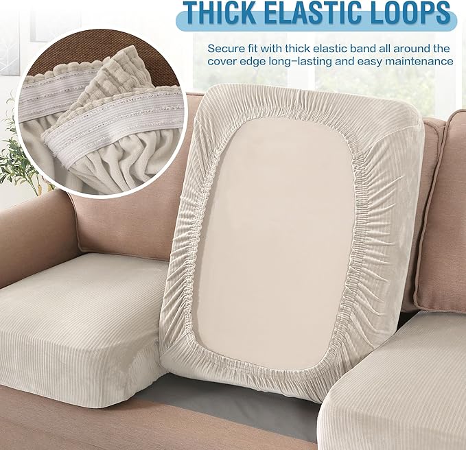 H.VERSAILTEX Velvet Stretch Couch Cushion Cover Plush Cushion Slipcover for Chair Cushion Furniture Protector Seat Cushion Sofa Cover (1 Piece Armchair Cushion Covers, Ivory Striped)-CasaMuseHome