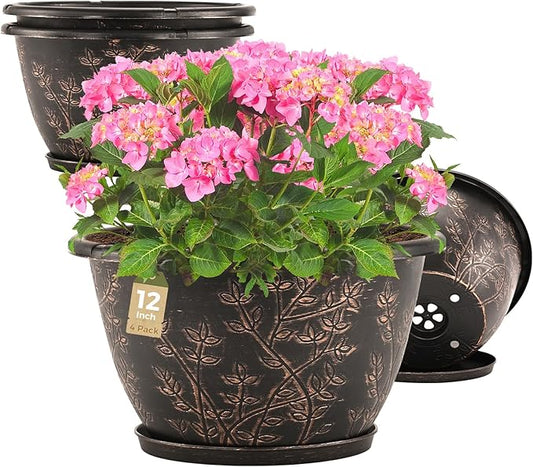 12-inch-Flower-Pots-Outdoor-Indoor, 4 Pack Plastic Planter Pots for Plant with Drainage Hole Saucer, Decorative Resin Garden Container with Tray-CasaMuseHome