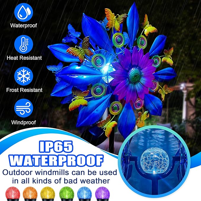 60 Inch Solar Wind Spinner Outdoor - Double-Sided Rotating Colorful Kinetic Wind Spinners for Garden, Yard Decorations Outdoor,Metal Wind Sculptures & Spinners, Wind Art-CasaMuseHome