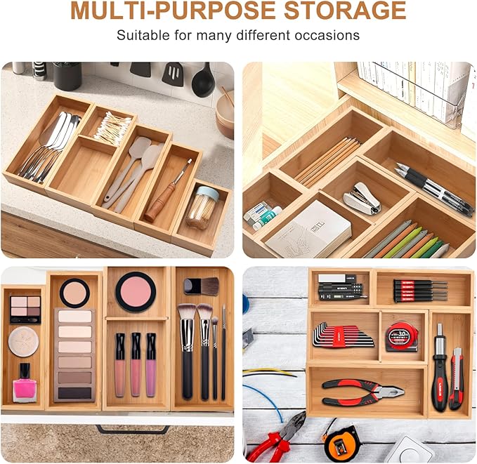 Bamboo Drawer Organizer 5 Pcs for Kitchen Multi-purpose Storage Dividers for Kitchen, Office, Jewelry, Cosmetics, Wooden Drawer Dividers for Drawer Organizer Desk Organizer Gift for Women Gifts Idea-CasaMuseHome