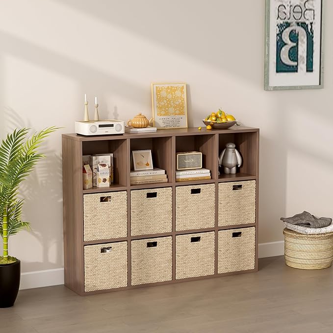 12-Cube Storage Shelf Bookcase - Wooden 3-Tier Floor Standing Open Bookshelf for Home and Office, Cuby Orgainzer, Walnut-CasaMuseHome
