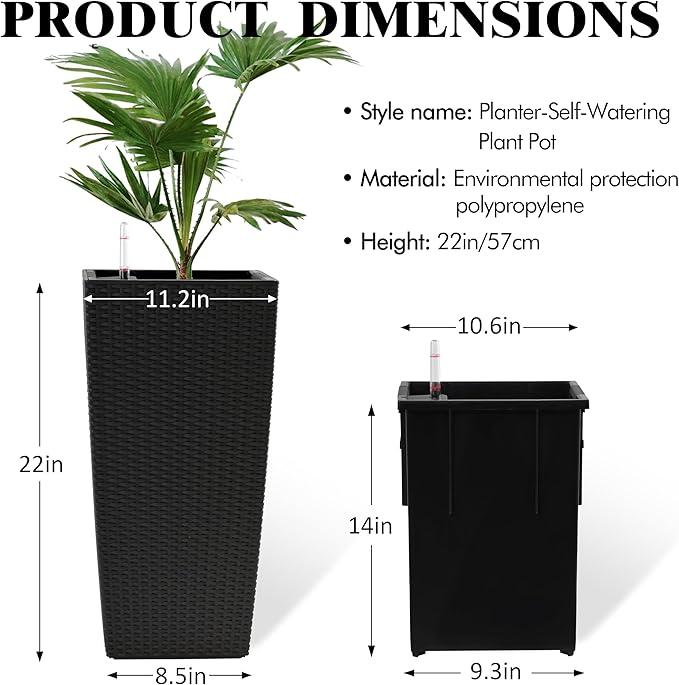 2Pcs 23in High Large Plant Pots Planter-Self-Watering,Modern Planter with Drain Holes,Water Level Monitor,Inner Bucket for Indoor/Outdoor Front Porch Patio,Black Rattan-CasaMuseHome
