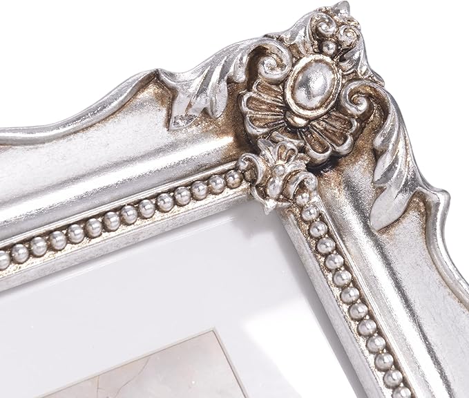 8x10 Vintage Picture Frame with Embossed Flower Design, Silver Ornate Frame for 8x10 or 5x7 Pictures with White Mat, Hand-Crafted Resin Antique Frames for Tabletop & Wall Hanging, Home Decor (Silver)-CasaMuseHome