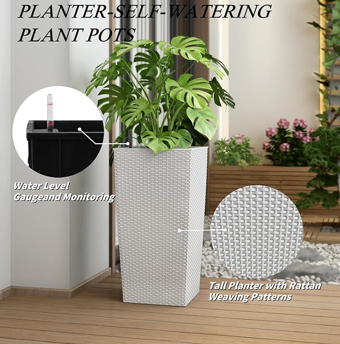 30in Tall Large Plant Pots Planter-Self-Watering Indoor/Outdoor Planting with Drain Holes, Water Level Monitor, Inner Bucket for Front Porch Patio, White Large-CasaMuseHome