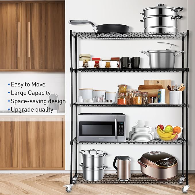 5 Tier Wire Shelf Shelving Unit, 60"x 24"x82" Metal Storage Shelves, Heavy Duty Garage Storage Shelves with Wheels, Chrome 3000LBS Capacity Wire Shelf Rack for Restaurant, Garage, Pantry, Kitchen-CasaMuseHome