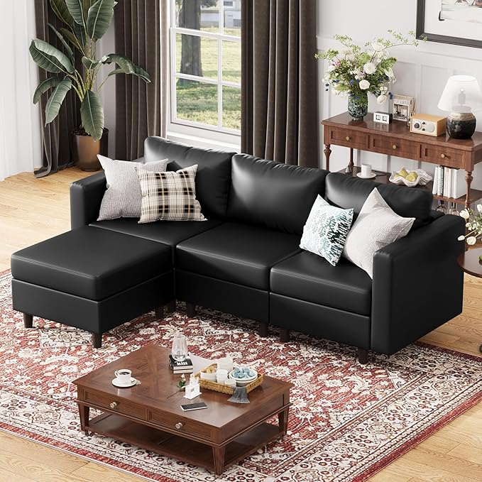 91.5" Faux Leather Modular Sectional Sofa, L Shaped Couch Set for Living Room, 3-Seater Comfy Cloud Couches with Movable Storage Ottoman,DIY Combination - Black-CasaMuseHome