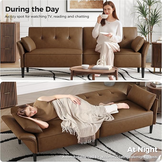89” Futon Sofa Bed, Faux Leather Futon Couch Bed with 2 Square Pillows, Convertible Sleeper Sofa with Adjustable Backrest& Armrests, Modern Loveseat Sleeper for Living Room, Bedroom, Brown-CasaMuseHome