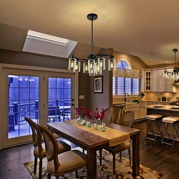 9-Light Black Modern Chandeliers for Dining Room, Adjustable Height Farmhouse Kitchen Island Lighting, Industrial Hanging Light Fixtures for Living Room Bedroom, Clear Glass Shade-CasaMuseHome