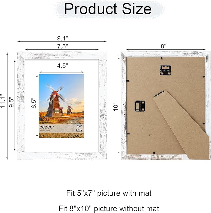 8x10 Picture Frame Set of 4, 8 x 10 Wood Photo Frames with Mat for 5x7, Rustic Natural Wooden Frame with Real Glass Cover for Wall and Tabletop Display,Distressed White-CasaMuseHome