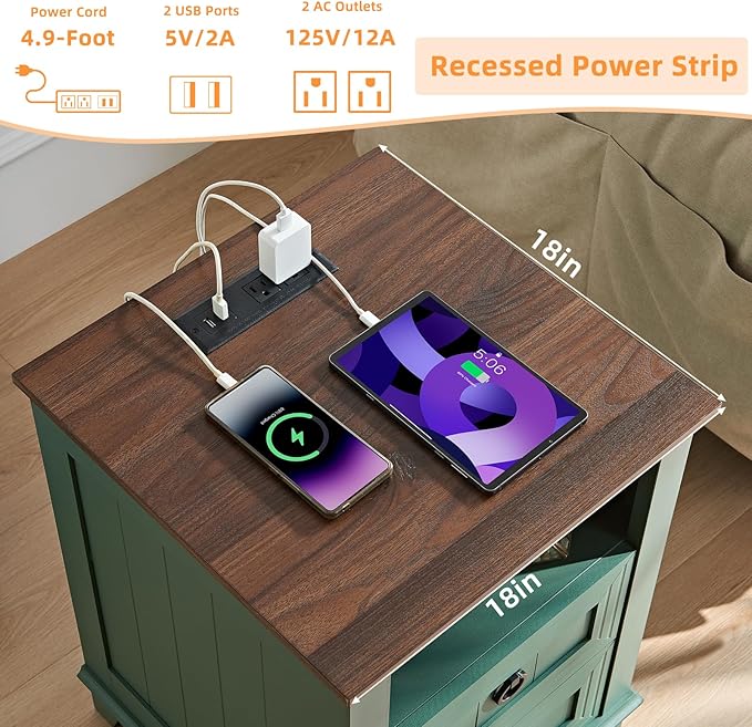 18" Farmhouse Night Stands Set of 2 with Charging Station, 2 Drawers Bedside End Table, Green Wooden Nightstand, Bed Side Table Cabinet with Open Shelf for Bedroom Living Room Office-CasaMuseHome