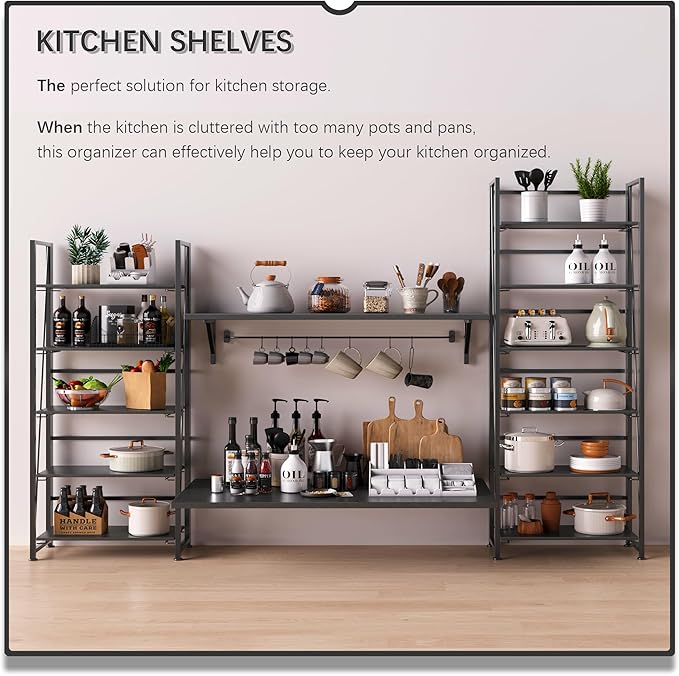 4NM No Assembly Foldable Bookshelf, 6-Shelf Collapsible Bookcase Storage for Small Spaces, 74" H, All Black-CasaMuseHome