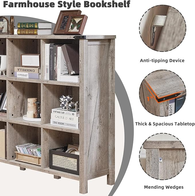 9 Cube Bookcase, Farmhouse 47 Inch Wide Grey Oak Bookshelf, Wooden 3 Tier Display Large Open Book Shelf, Vintage Horizontal Book Case for Home Office, Cubby Storage Cabinet for Living Room-CasaMuseHome