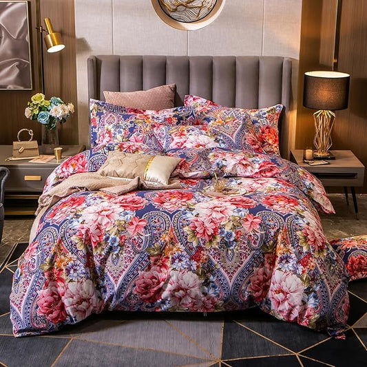 ABREEZE Colorful Floral Duvet Cover Queen 100% Cotton Flower Duvet Cover 3 Piece Set 1 Multi-Colored Damask Paisley Duvet Cover with Zipper Ties 2 Pillowcases Luxury Soft Peony Print Bedding Set-CasaMuseHome
