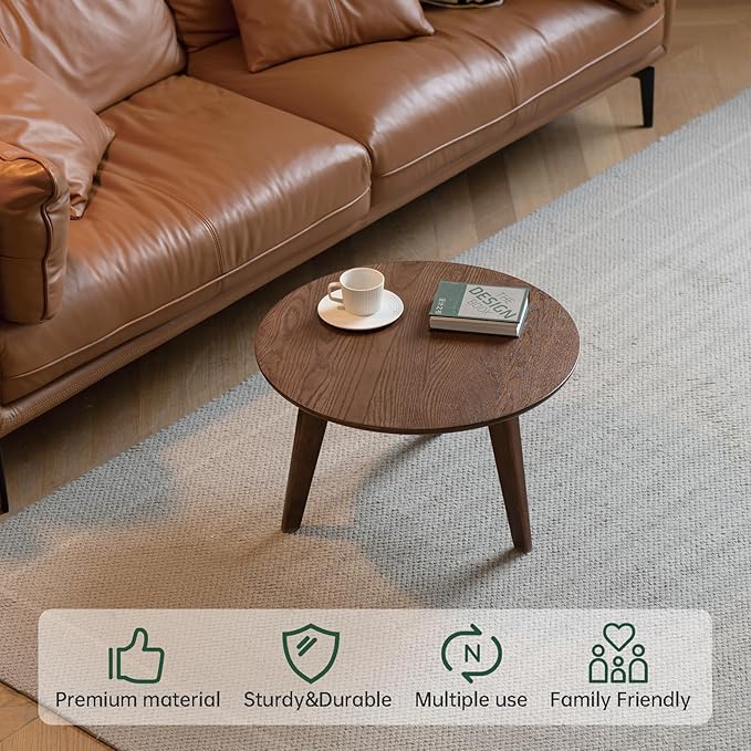 100% Solid Oak Wood Mini Coffee Table, Round Living Room Table Side Table w/Solid Wood Legs, Walnut Mid Century Sturdy Tables for Bedroom Balcony Living Room (23.62" D x 13.78" H)-CasaMuseHome