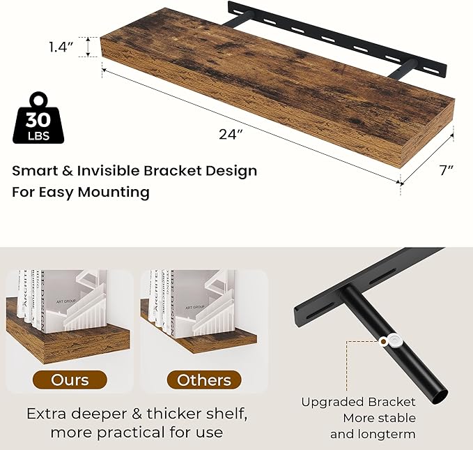 24 inch Floating Shelves Long Floating Shelves for Wall Large Wall Mounted Shelves with Invisible Brackets, Brown Shelves for Bathroom, Living Room, Kitchen, Office, 24x6.7 inch deep Set of 2-CasaMuseHome