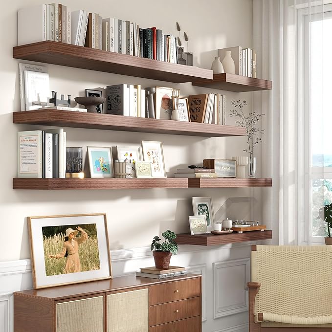 12 Inch Deep Floating Shelves for Wall | 72W x 12D Floating Shelves Set of 1 | Rustic Walnut Long Floating Shelves for Living Room Bathroom Laundry Room Bedroom Kitchen Home Office-CasaMuseHome