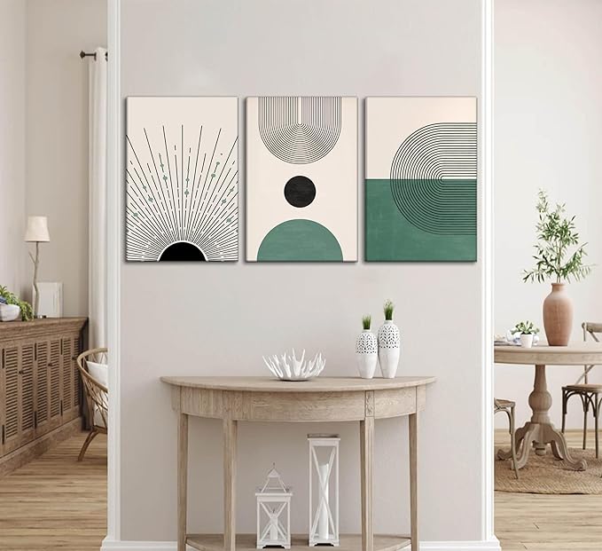 3 Pcs Sage Green Boho Canvas Wall Art Modern Abstract Minimalist Neutral Bohemian Sun Geometric Line Painting Picture Wall Decor Poster Print Artwork for Living Room Bedroom Home Decoration-CasaMuseHome
