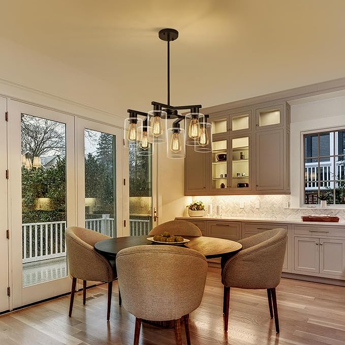 6-Light Modern Farmhouse Black Chandelier, Dining Room Light Fixture Over Table Adjustable Height Hanging Industrial Pendant Lights Kitchen Island, Clear Glass Shade-CasaMuseHome