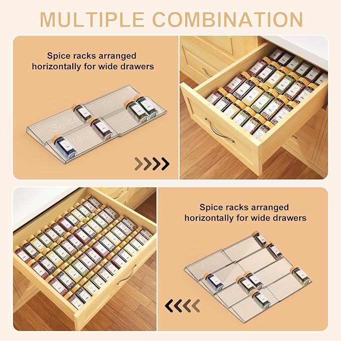 24 Spice Jars with Spice Drawer Organizer, 355 Spice Labels, 4 Pack Expandable From 11'' to 21'' Acrylic Spice Rack for Drawer, Seasoning Containers Storage Organization for Kitchen Cabinet Countertop-CasaMuseHome