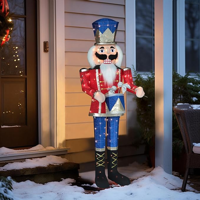 5FT Lighted Nutcracker with Drum for Christmas Decoration, Pre-Lit 3D Iridescent Soldier Xmas Decor with 100 Warm White Lights, Glittered Standing Holiday Display for Outdoor, Indoor-CasaMuseHome