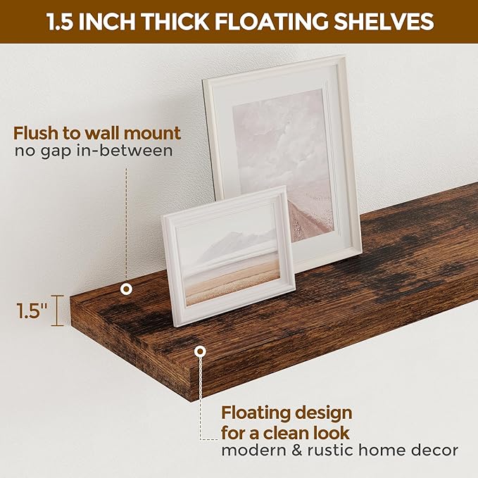 48 Inch Floating Shelves Set of 2, Rustic 48 x 9 Floating Shelf for Wall, 9 Inch Deep Bookshelf Invisible Bracket, Wall-Mounted Deep Shelving for Bedroom, Kicten, Living Room, Rustic Brown Color-CasaMuseHome