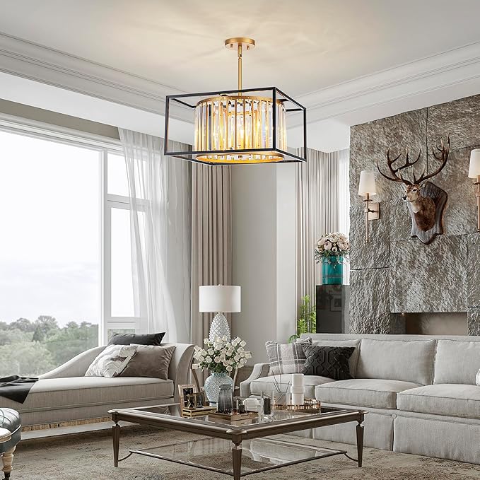 5-Lights K9 Crystal Chandelier, Modern Style Pendant Light Fixture for Dining Room, Bedroom & Living Room, Gold & Black Finish, L16.5 * W16.5 * H12~48 inch (Adjustable Height)-CasaMuseHome