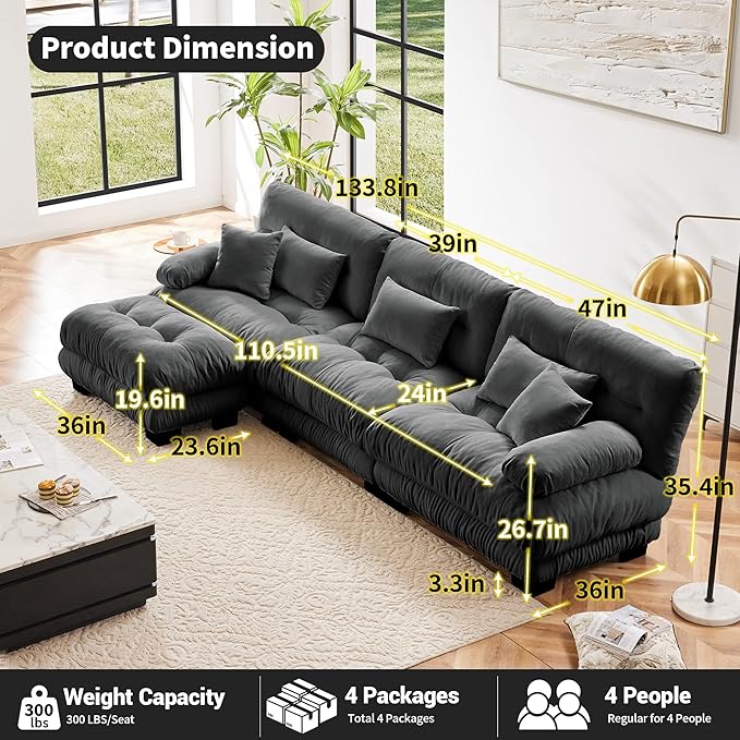 L Shaped Couch Sectional Couch, 3-Seater Cloud Couch Sectional Oversized Couch, Sofa Bed Couch with Round Bolster Armrests 5 Pillows, Modular Couch Home Sofa Living Room Couch(Gray)-CasaMuseHome