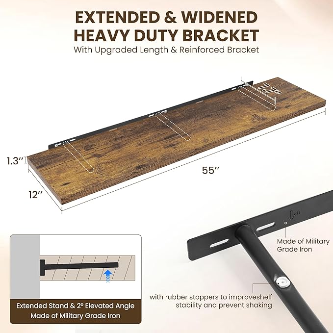 55" Floating Shelves for Wall, 12" Deep Slim Rustic Brown Floating Shelves, Wall-Mounted Shelves for Bedroom, Living Room, Kitchen, Bathroom - Set of 2-CasaMuseHome