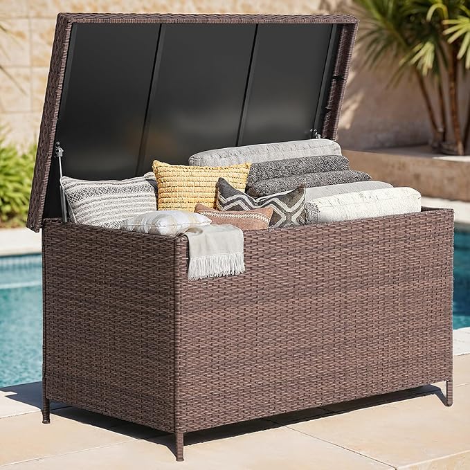 158 Gallon XL Deck Box with Lid, All Weather Wicker Outdoor Storage Box Waterproof, Large Outdoor Patio Storage Bin for Cushions, Garden Tools, Gears, Pool Accessories, Brown-CasaMuseHome