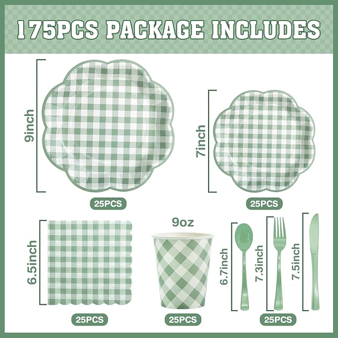 175 Pcs Sage Green Gingham Paper Plates and Napkins Party Supplies - Sage Green and White Checkered Plates Scalloped Plaid Plate for Birthday Dinner Picnic BBQ Party Decorations, Serve 25 Guests-CasaMuseHome