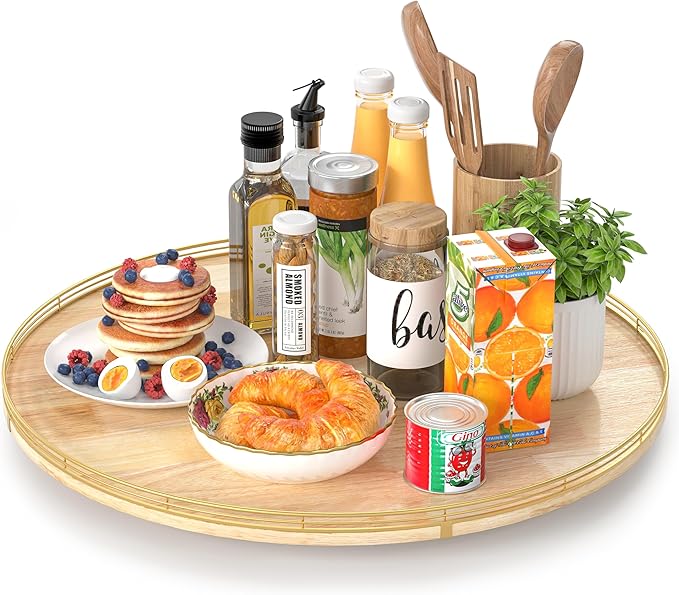 24 Inch Extra Large Lazy Susan Turntable - Premium Solid Oak Wood & Iron | Rustic Farmhouse Rotating Tray for Dining Table, Kitchen Countertop, Centerpiece Decor | Smooth 360° Spin | Durable & Stylish-CasaMuseHome