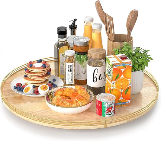 24 Inch Extra Large Lazy Susan Turntable - Premium Solid Oak Wood & Iron | Rustic Farmhouse Rotating Tray for Dining Table, Kitchen Countertop, Centerpiece Decor | Smooth 360° Spin | Durable & Stylish-CasaMuseHome