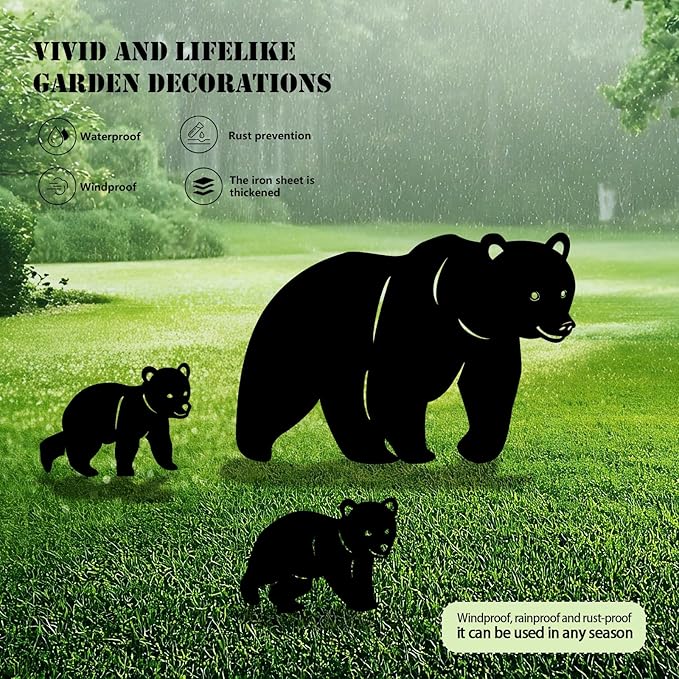 3 Pack Bear Metal Garden Decorative Stakes, Weather Proof Silhouette Statues for Yard, Patio,Outdoor Decor for Bear Lovers and Pet Owners-CasaMuseHome