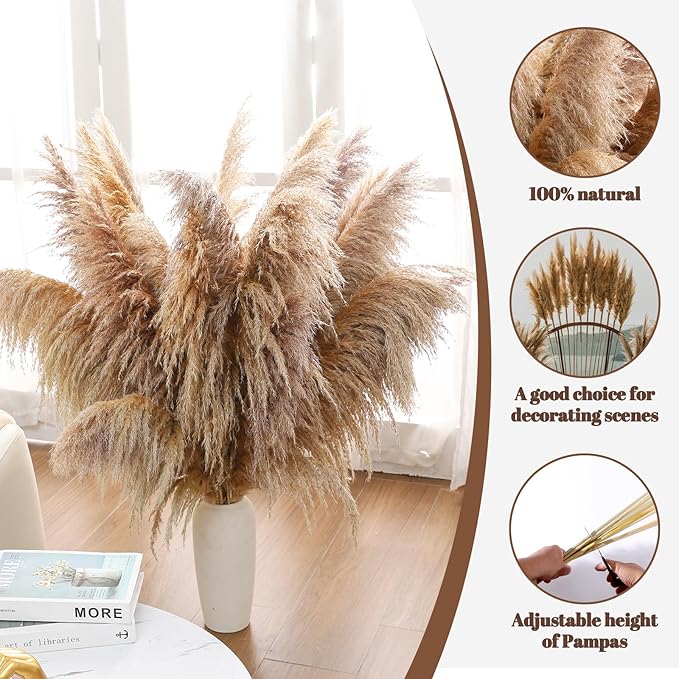 46" inch 11 Stems Natural Pampas Grass Tall Decor,Pompas Grass,Large Borwn Tall Pampas Grass for Floor Vase,Wedding Decorations,Party,Boho Home Decor,and Creating a Boho Ambiance-CasaMuseHome