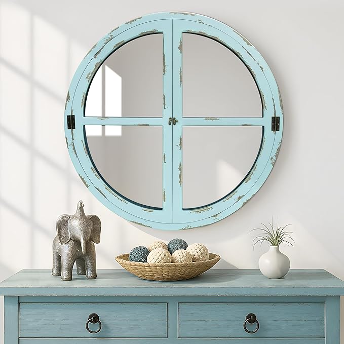 30" Round Window Mirror, Vintage Coastal Wall Mirror with Distressed Blue Wood Frame & Faux Windowpanes, Farmhouse Cottagecore Decor for Living Room, Entryway, or Dining Room-CasaMuseHome