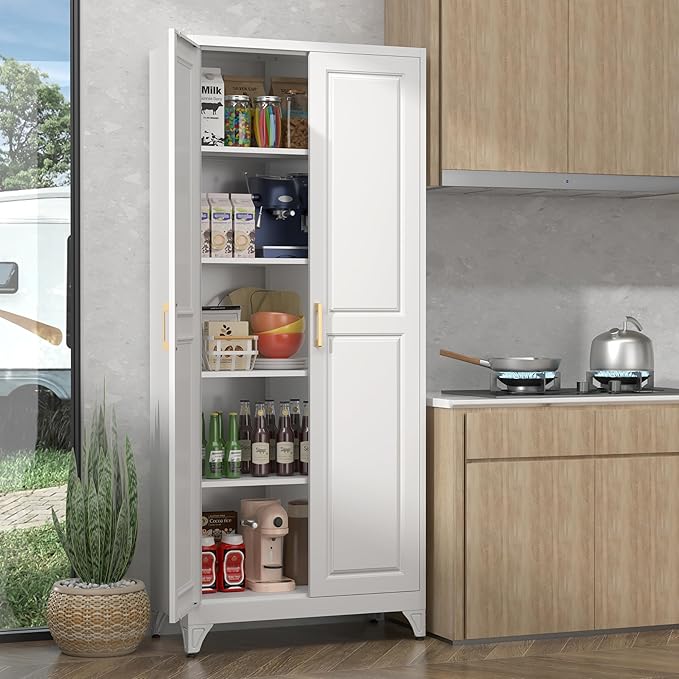 75" Storage Cabinet, Metal Pantry Cabinet, Kitchen Pantry Storage Cabinets with Doors and 4 Shelves, Cabinets for Laundry Room, Living Room, Dinning Room, Assembly Required, White-CasaMuseHome