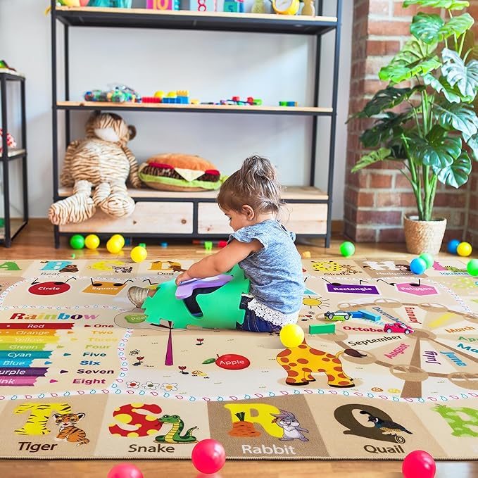 4x6 Playroom Rugs for Kids Washable, Educational and Fun Playmat with ABC Alphabet Animals Shapes Colors, Non-Slip Play Mat Learning Rugs for Baby Toddler Children Game Activity, Beige-CasaMuseHome