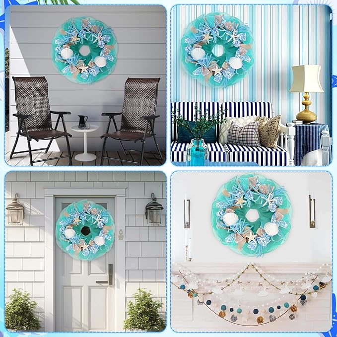 26 Inch Coastal Seashell Large Wreath with Natural Starfish & Scallops Shell, Lake Blue Beach Style Front Door Wreath with for Spring Summer, Farmhouse Rustic Indoor Outdoor Home Wall Wedding Decor-CasaMuseHome