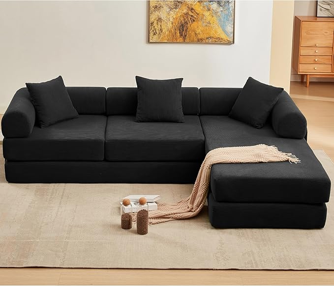 107" Oversized Convertible Sleeper Sofa Bed, Corduroy L Shape Sectional Couch, Folding Sofa Bed with Side Pocket, Modern Cloud Floor Mattress Couch, Modular Sofa for Living Room, Black-CasaMuseHome